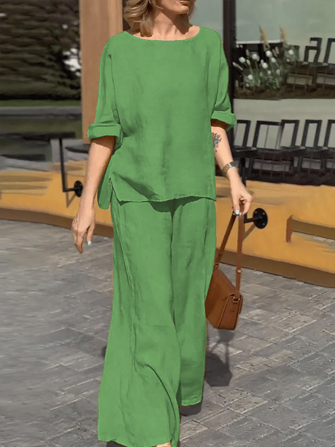Women'S Casual Loose Solid Color Slit Top Pants Set