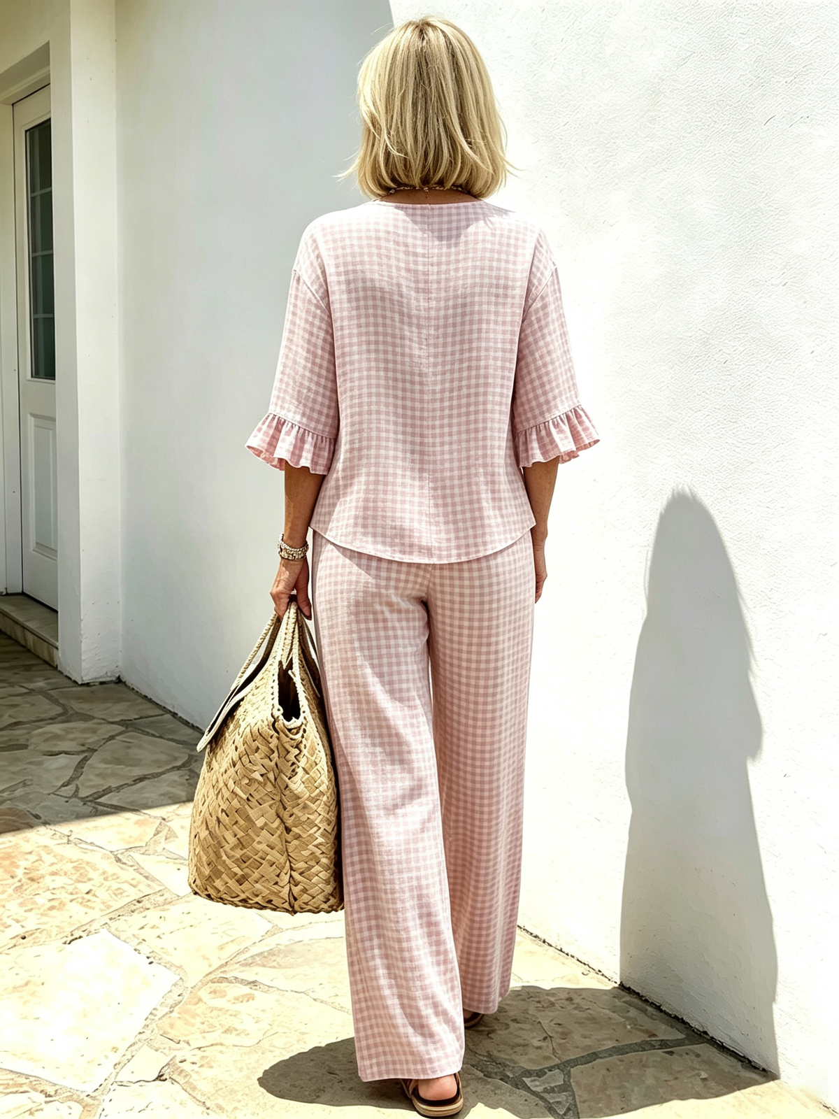 Women Elegant Linen Blend Plaid Two-Piece Casual Pant Set, Woven Textured Gingham Check Pattern Matching Outfit, Notch V-Neck Three Wooden Button Front Top With Ruffle Flared 7/4 Length Bell Flounce Sleeves, Loose High Waist Wide Leg Full Length Trousers