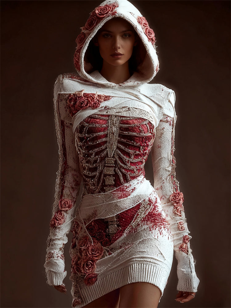 Classy Skeleton Anatomy Bloody Roses Bandages Hooded Sweater Dress