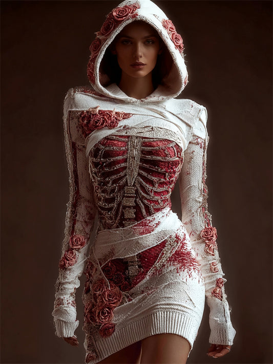 Classy Skeleton Anatomy Bloody Roses Bandages Hooded Sweater Dress