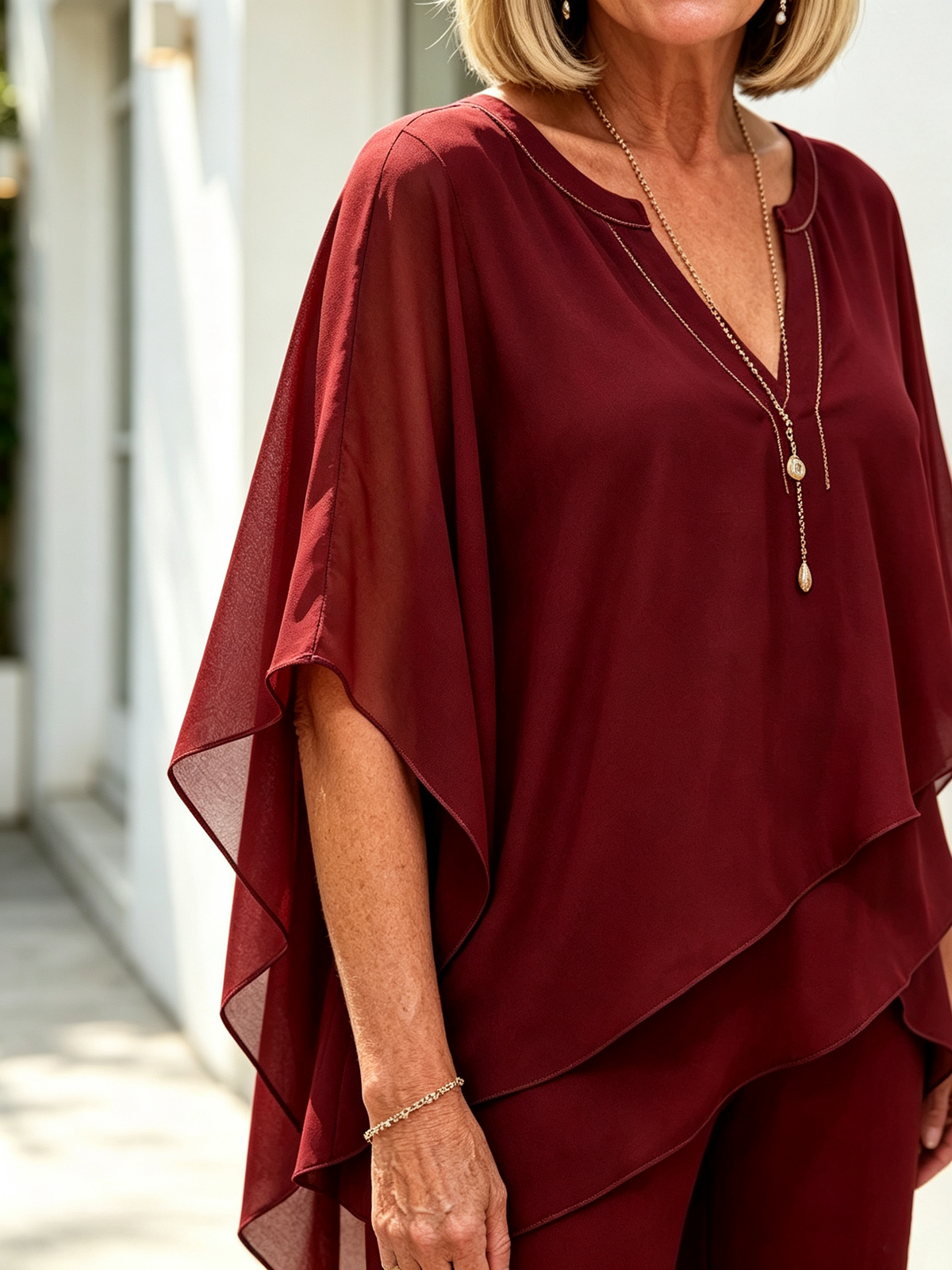 2Pcs Chiffon Bat Half-sleeve Temperament Elegant Women's Casual V-neck Two-piece Set