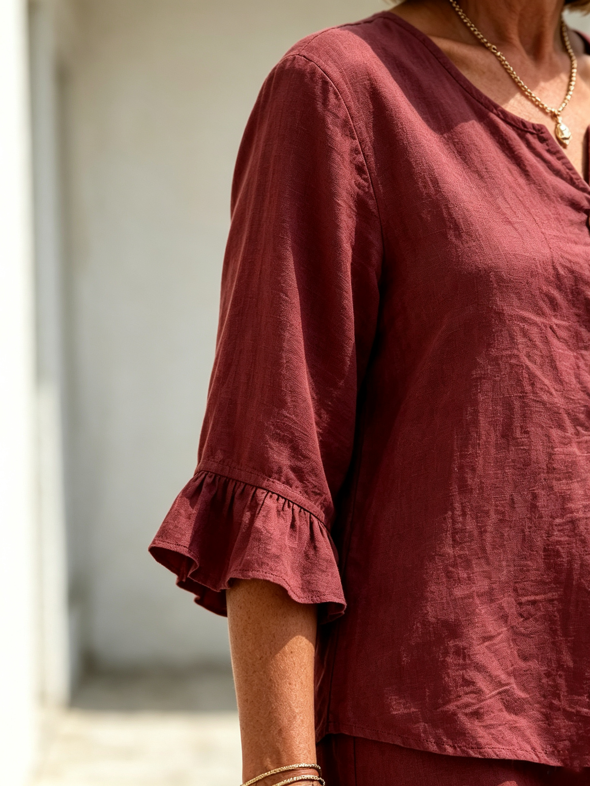 2Pcs Casual Matching Top and Skirt Set, V Neck Button Placket Blouse, Ruffle Edge Seven-quarter Sleeve, Solid Lightweight Linen-like Fabric, Loose A-line Midi Skirt, Relaxed Fit Co-Ord Outfit for Daily Wear and Vacation