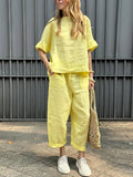 Women'S Casual Solid Color Short-Sleeved Cotton And Linen Suit