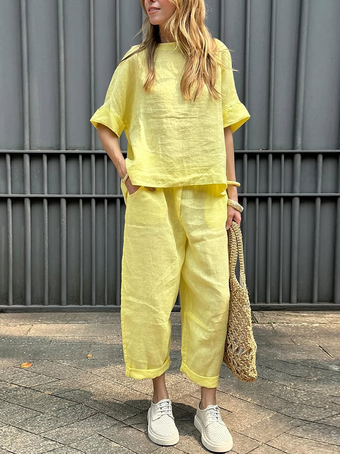 Women'S Casual Solid Color Short-Sleeved Cotton And Linen Suit