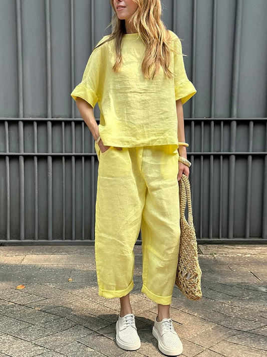 Women'S Casual Solid Color Short-Sleeved Cotton And Linen Suit