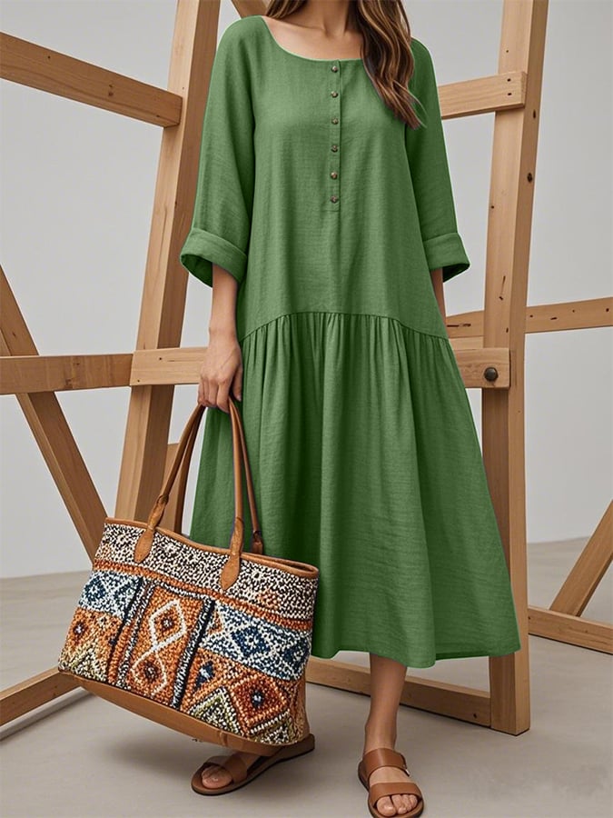 Women'S Solid Color Square Neck Retro Button A-Line Loose Holiday Dress