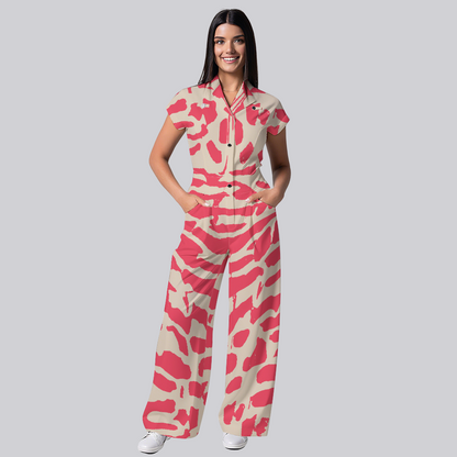 Women's Lapel Collar Wide Leg Pink Zebra Printed Scrub Jumpsuit