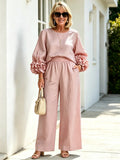 2Pcs Women Solid Color Linen Two Piece Pant Set, Crew Neck Long Sleeve Top with Statement 3D Floral Ruffle Cuffs, Elastic Waist Wide Leg Trousers, Relaxed Fit Matching Outfit for Casual Holiday Daily Outing