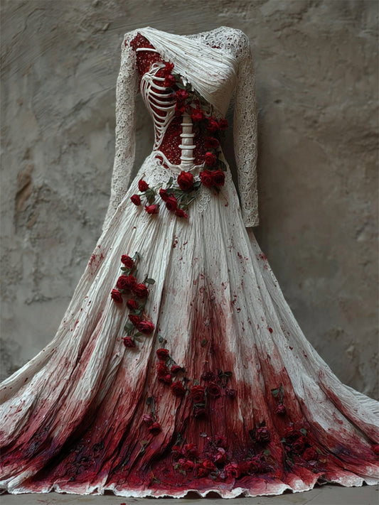 Halloween Bloody Red Roses Skeleton Lace Linen Maxi Dress