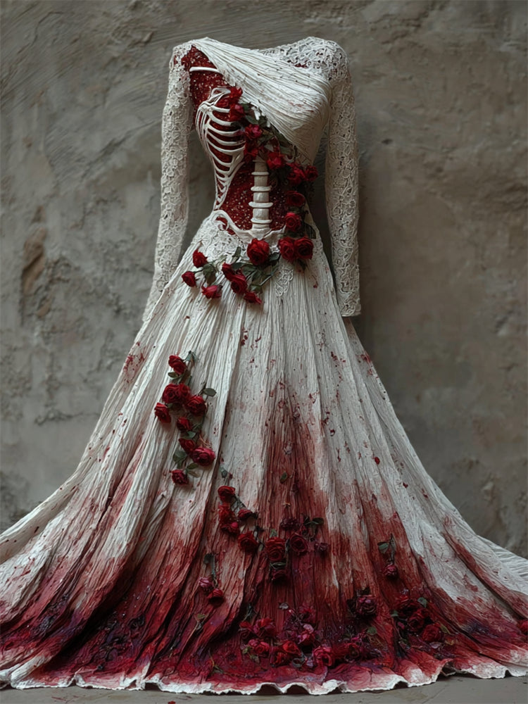 Halloween Bloody Red Roses Skeleton Lace Linen Maxi Dress