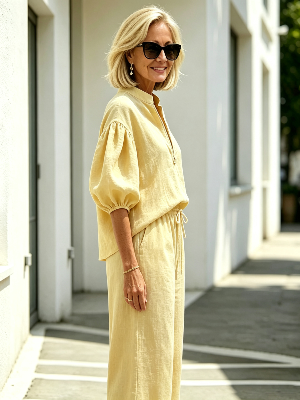2Pcs Casual Matching Outfit Set, Stand Collar Half Zipper Top, Lantern Puff Sleeve Blouse, Solid Lightweight Textured Fabric, Elastic Drawstring Waist Wide Leg Long Pants, Relaxed Loose Fit Co-Ord Suit for Daily Leisure and Vacation
