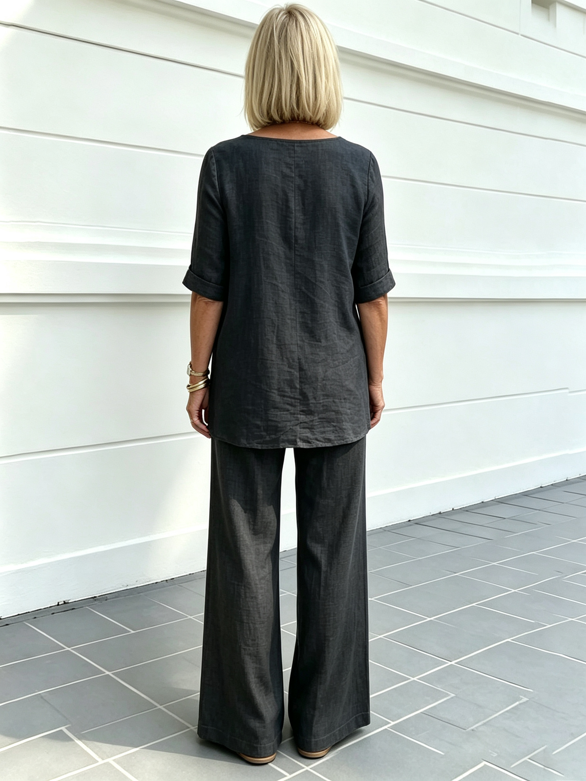 Casual Cotton and Linen Solid Color Fashion Casual Medium Sleeve V-neck Top Set