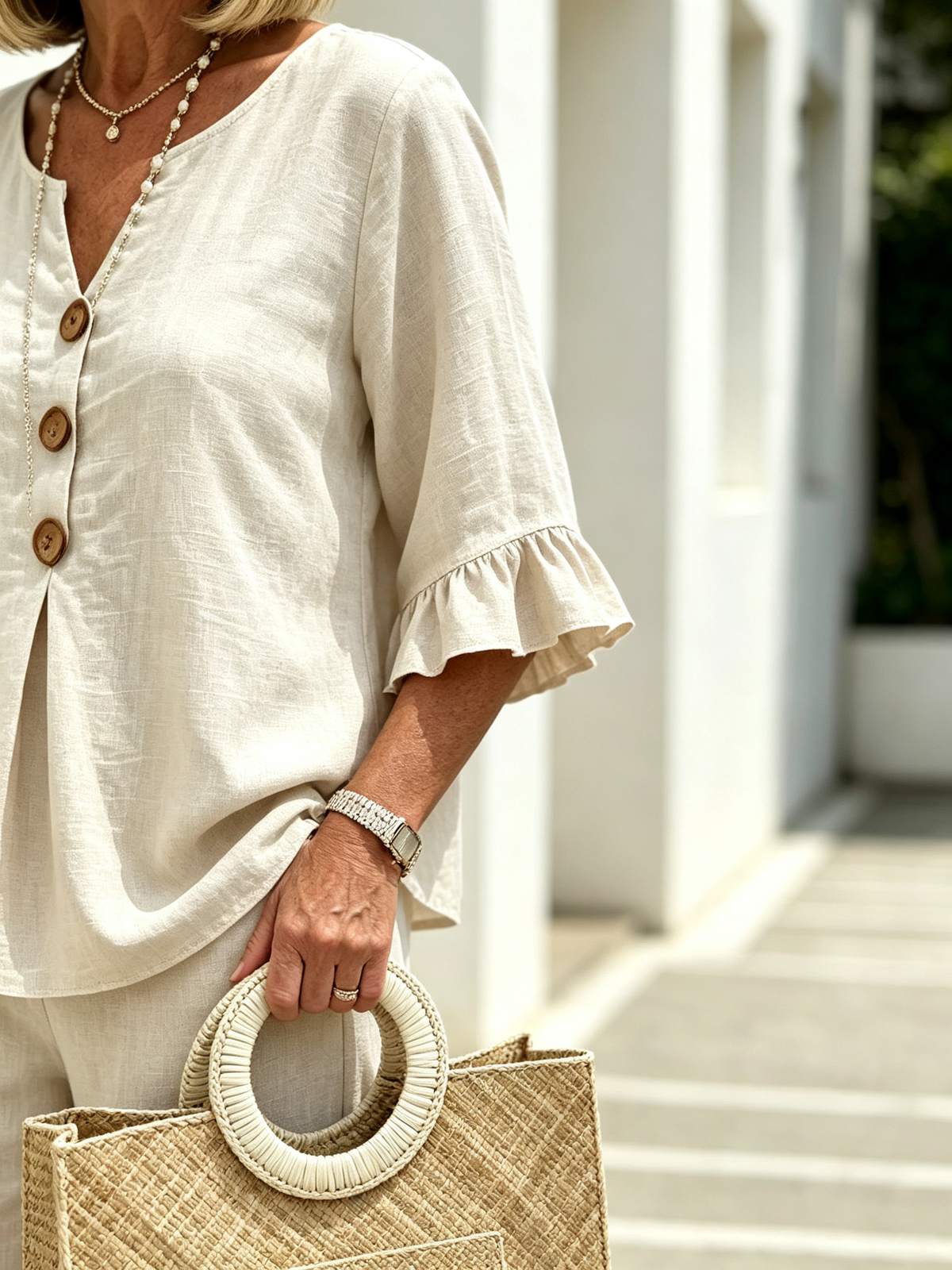 Women's Casual Button V-Neck Ruffle Women Summer Linen Two-Piece Outfit Set, V-Neck Wooden Button Front Ruffle 3/4 Sleeve Loose Casual Top & Matching Wide Leg Long Pants, Lightweight Breathable Textured Fabric High-End Seven-Sleeve Linen Top Two-piece Set