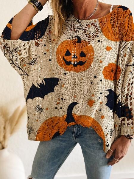 🎃Women's Halloween Pumpkin Print Long Sleeve Knit Top, Spring Summer Fall Wear