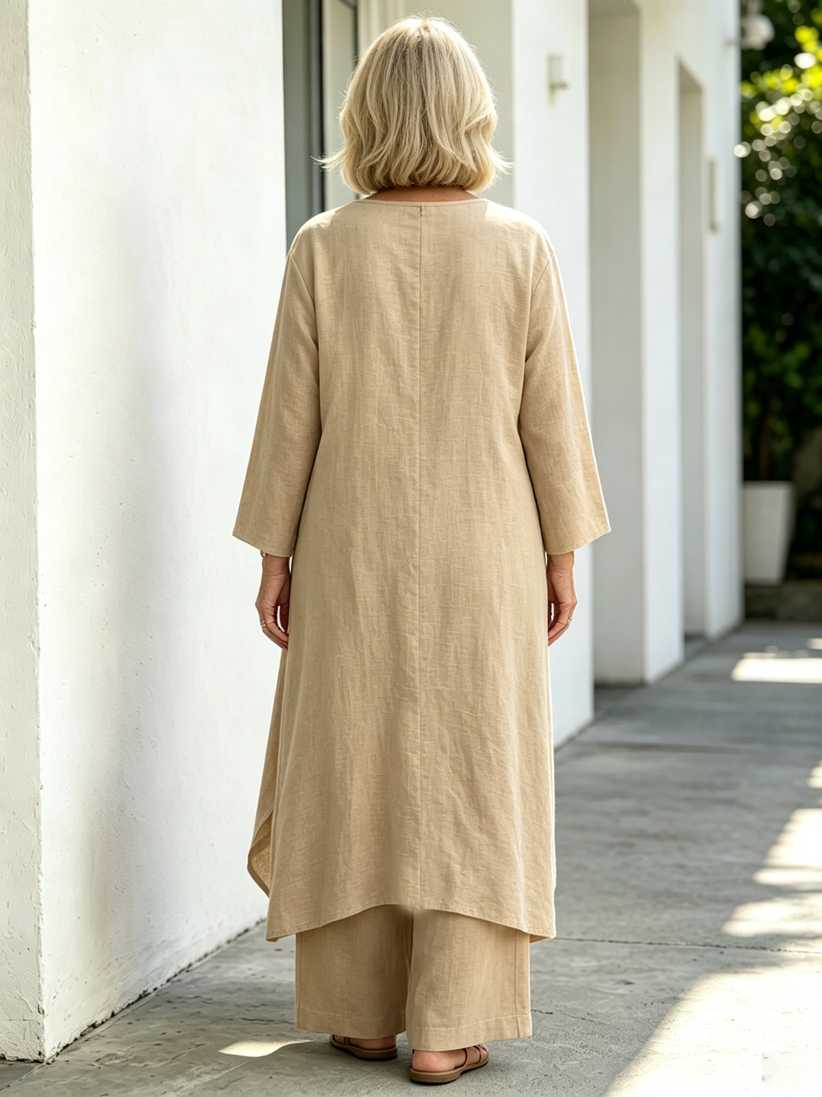 Casual Linen Long Irregular Single-breasted Top and Trousers Two-piece Set