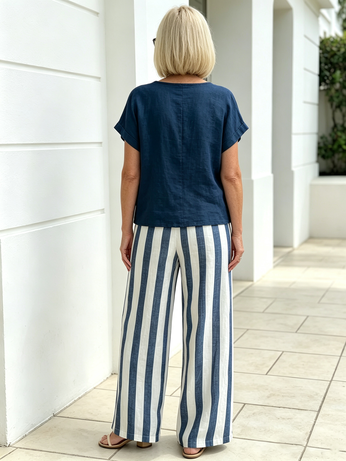 2Pcs Striped Cotton and Linen Two-piece Set
