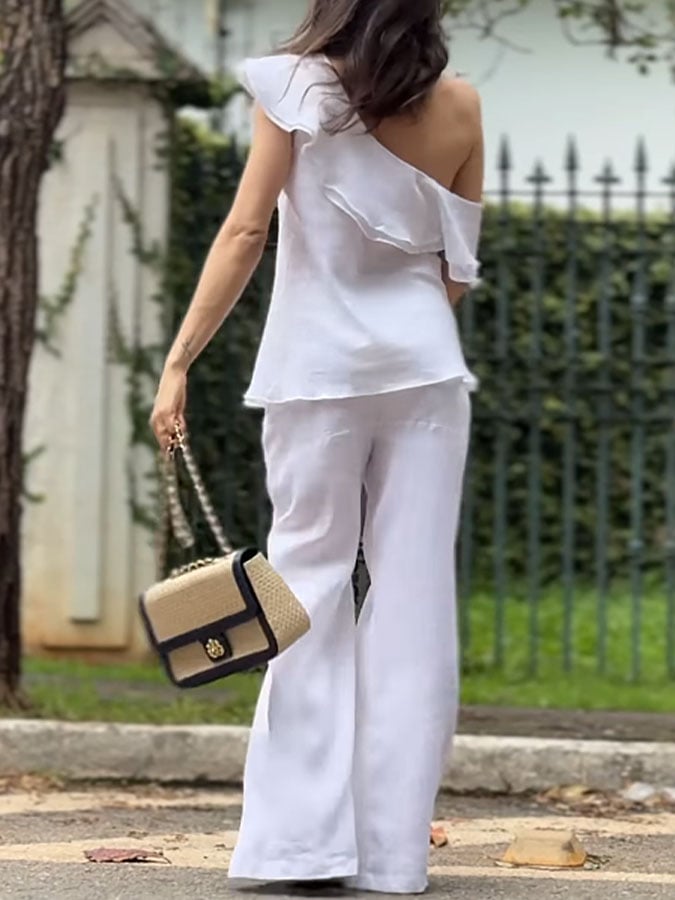 Women's Casual Solid Color One Shoulder Ruffled Top Pants Two-Piece Set