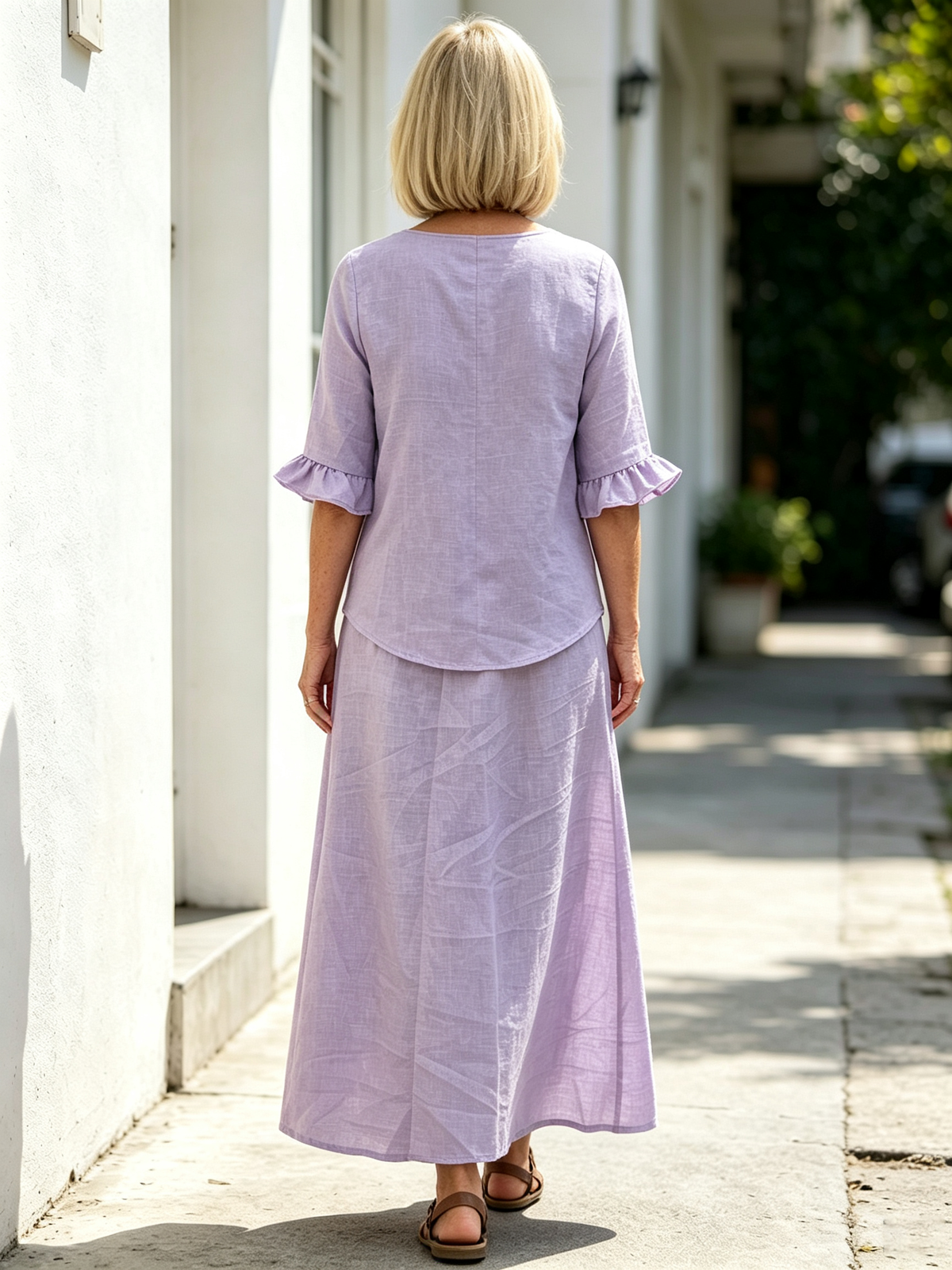 2Pcs Casual Matching Top and Skirt Set, V Neck Button Placket Blouse, Ruffle Edge Seven-quarter Sleeve, Solid Lightweight Linen-like Fabric, Loose A-line Midi Skirt, Relaxed Fit Co-Ord Outfit for Daily Wear and Vacation