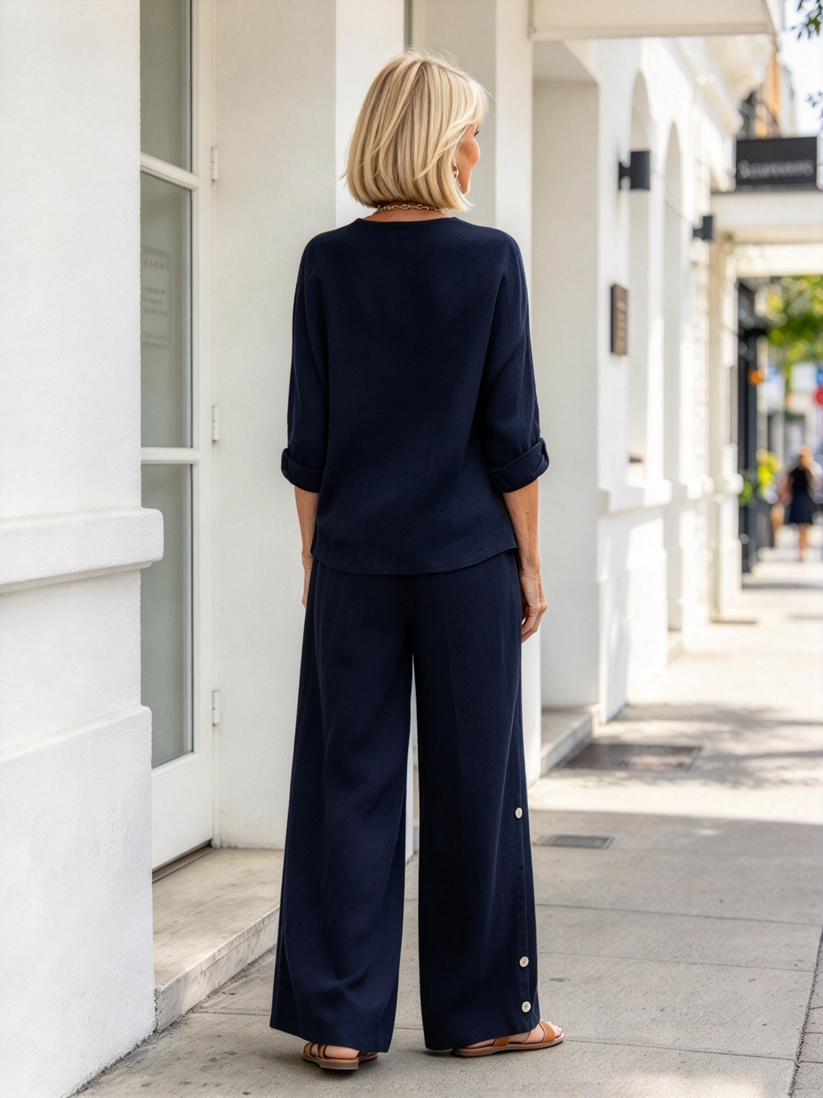 Minimalist Temperament Cotton and Linen V-neck Diagonal Button-up Shirt Wide-leg Pants Two-piece Set