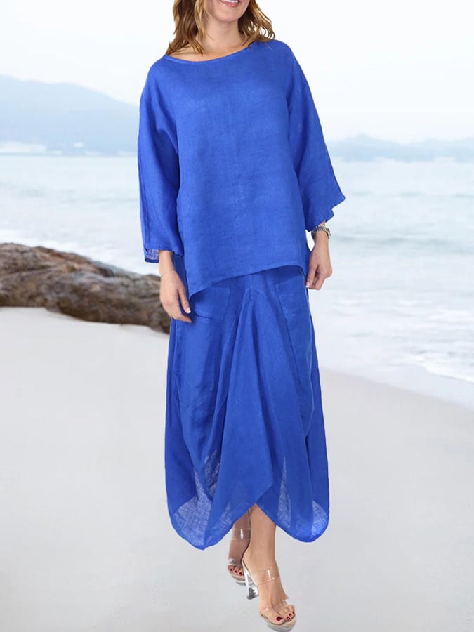 Women'S Casual Round Neck Solid Color Loose Skirt Two-Piece Set