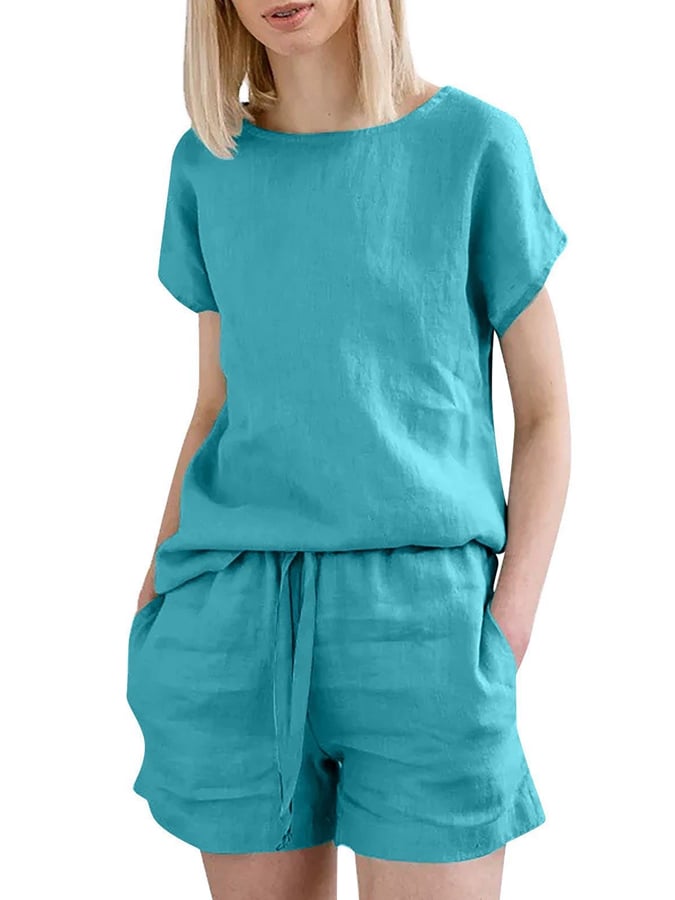 Women's Casual Solid Color Top Drawstring Cotton and Linen Shorts Set