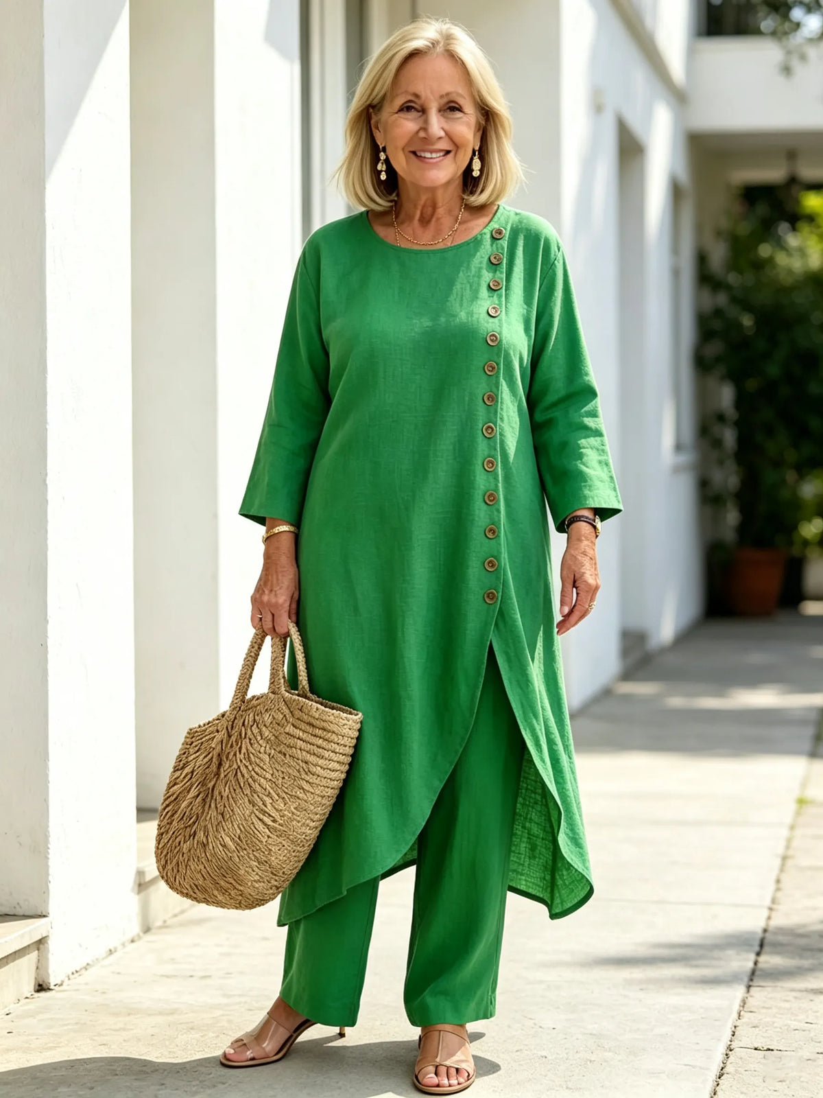 Casual Linen Long Irregular Single-breasted Top and Trousers Two-piece Set