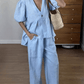 Women'S Solid Color Lantern Sleeve Shirt Wide Leg Pants Suit