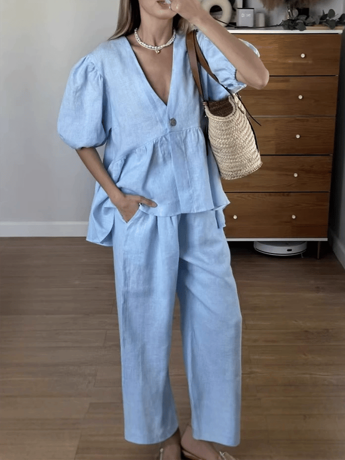 Women'S Solid Color Lantern Sleeve Shirt Wide Leg Pants Suit