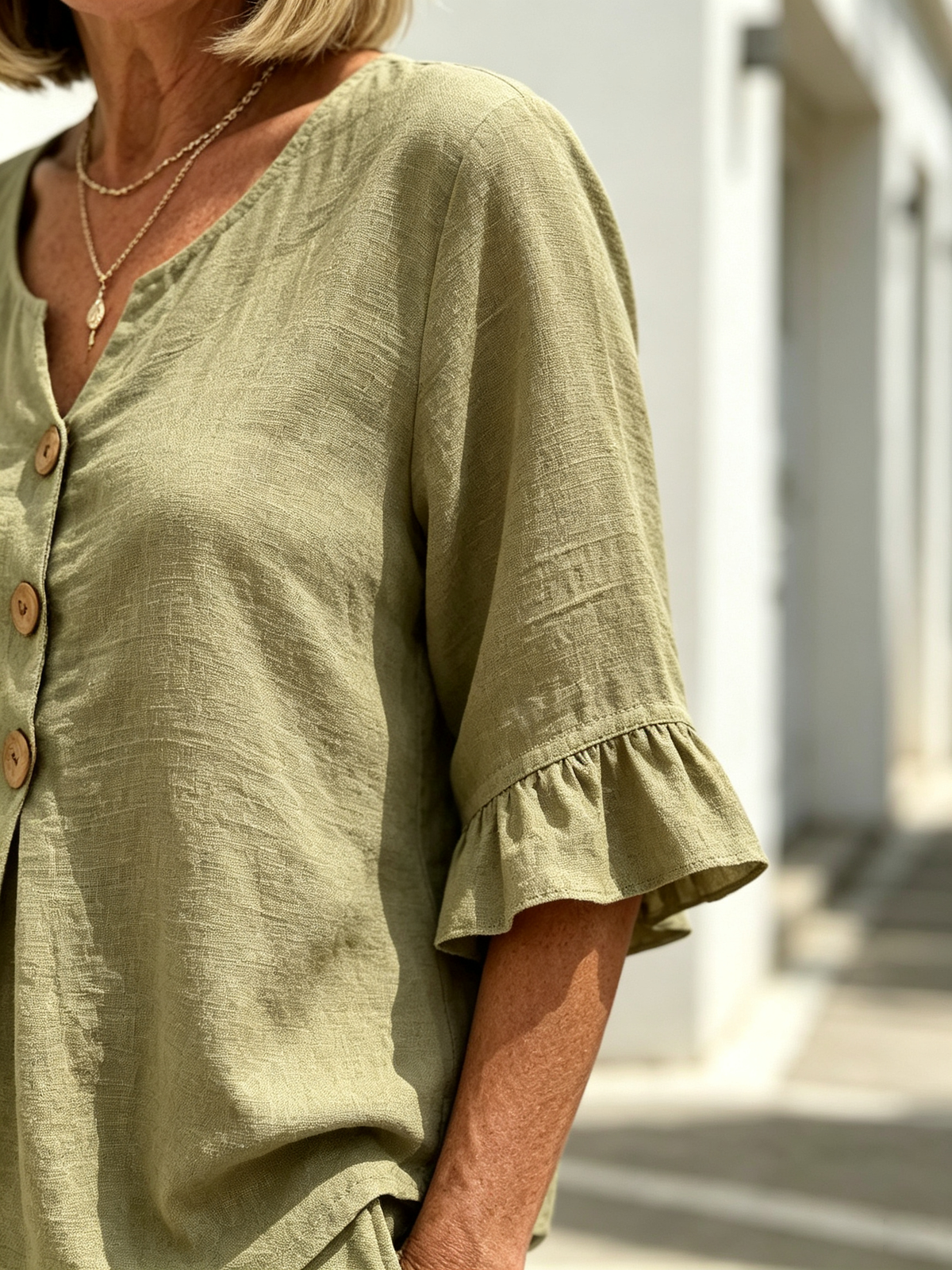 Women Solid Color Casual Shorts Two-Piece Pants Set, Woven Textured Faux Linen Matching Outfit, V-Neck Single Row Wooden Button Blouse With Ruffle Flared 5/7 Length Flutter Sleeves, Loose Relaxed Fit Elastic Waist Knee-Length Bermuda Three Point Shorts Wi
