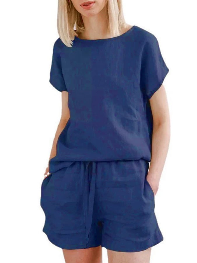 Women's Casual Solid Color Top Drawstring Cotton and Linen Shorts Set