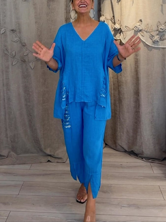 Women'S Casual V-Neck Sequined Cotton And Linen Two-Piece Suit
