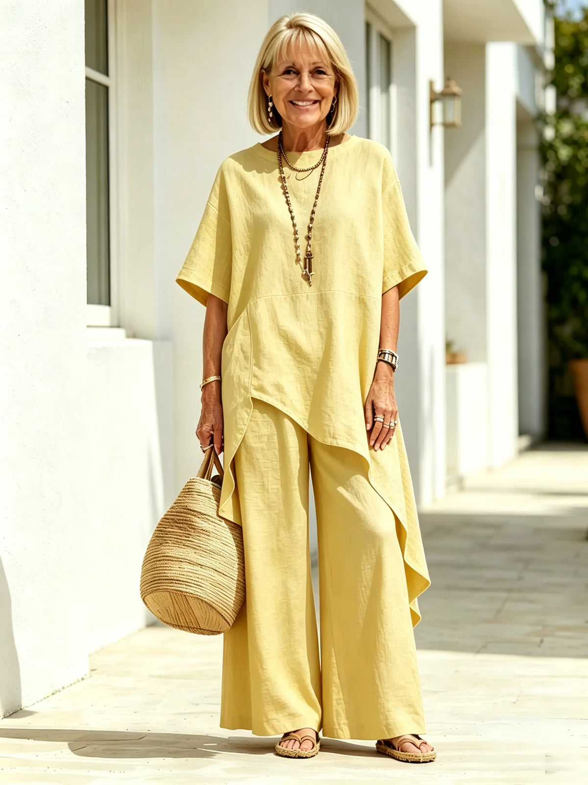2Pcs Solid Color Cotton Linen Two-piece Outfit, Round Neck Short Sleeve Irregular Hem Tunic Top, Wide Leg Long Pants, Loose Relaxed Fit, Lightweight Breathable Fabric, Flowy Casual Coordinate Set for Daily, Holiday and Outdoor Occasions