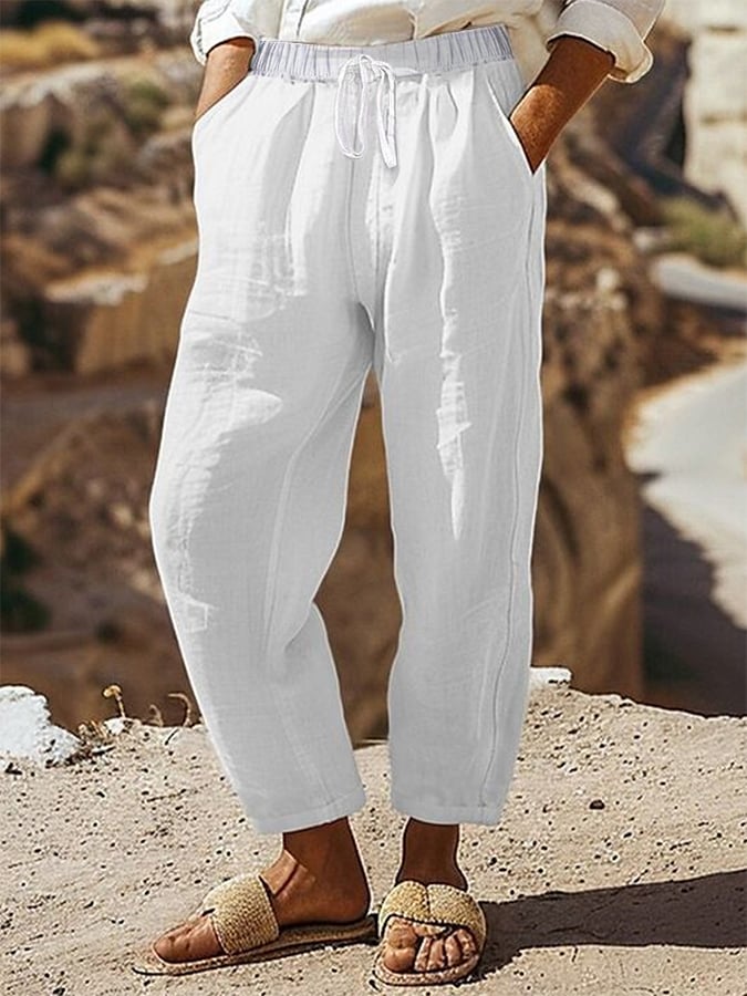Women's Casual Regular Drawstring Pocket Cotton and Linen Pants