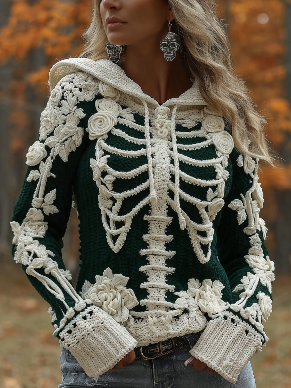 Women's Halloween Skeleton Bones With Roses Art Knitted Warm Hooded Sweater
