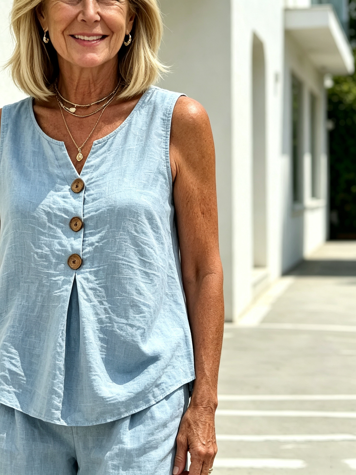 V-neck Button Sleeveless Vest Top Shorts Set Two-piece Set