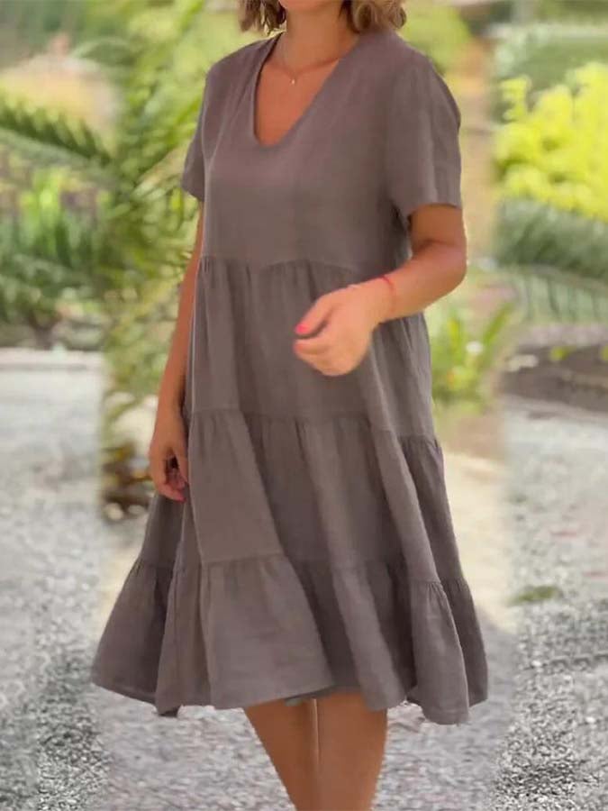 Ladies Solid Color V-Neck Wide Swing Casual Dress