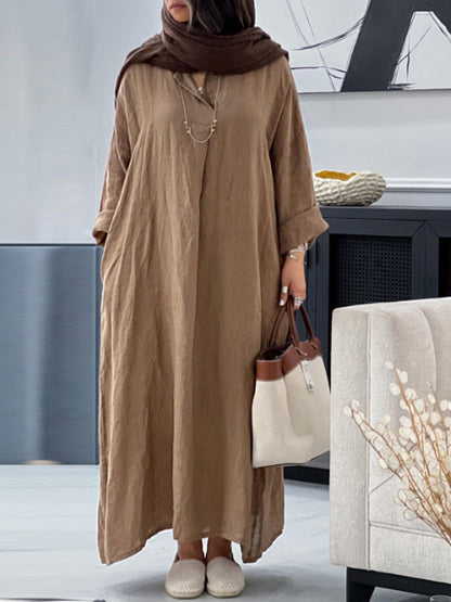 Women's Casual Solid Color V-Neck Long Sleeve Cotton and Linen Dress