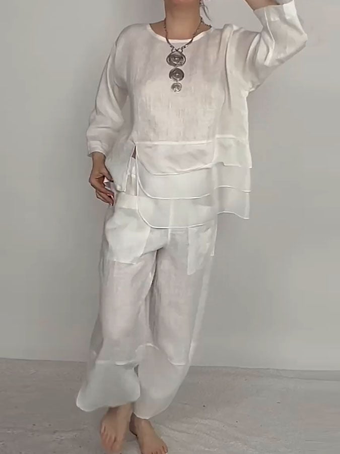 Women's Casual Solid Color Round Neck Long Sleeve Spliced Tops and Pants Two-piece Set