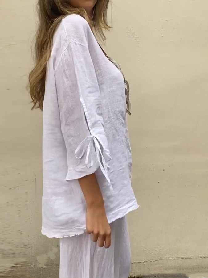 Women's Casual Solid Color Round Neck Button Drawstring Cotton Top Pants Two-Piece Set