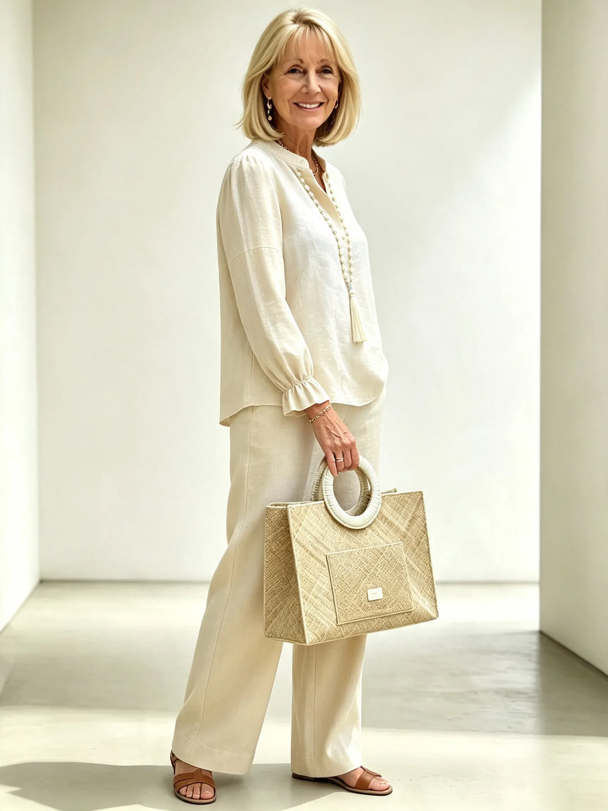 Women Solid Light Blue Two-Piece Casual Suit, Simple Mandarin Collar Half Button Front Blouse With Elastic Bubble Ruffle Cuff Long Sleeves, Matching High Waist Straight Wide Leg Long Pants, Lightweight Breathable Textured Linen Blend Temperament Commuter