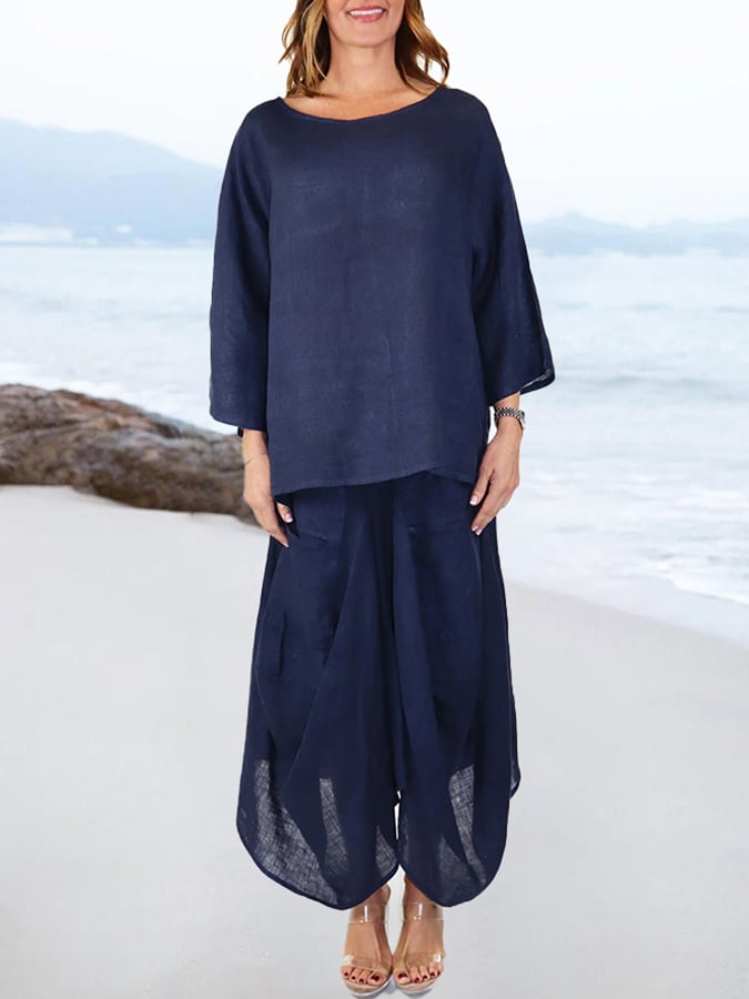 Women'S Casual Round Neck Solid Color Loose Skirt Two-Piece Set