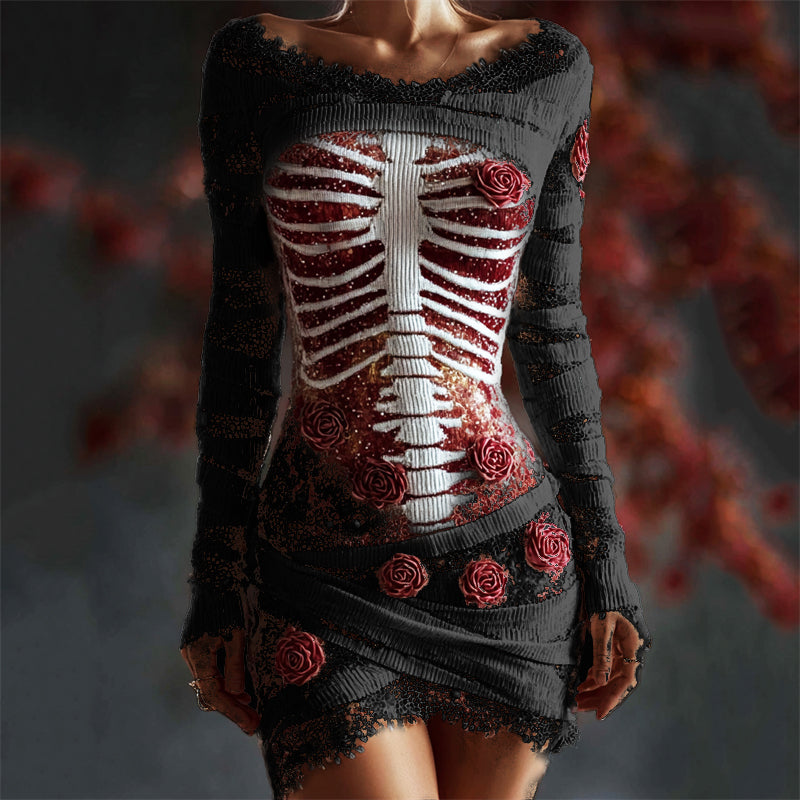Halloween Bloody Red Roses Rib Cage Lace Comfy Mini Dress