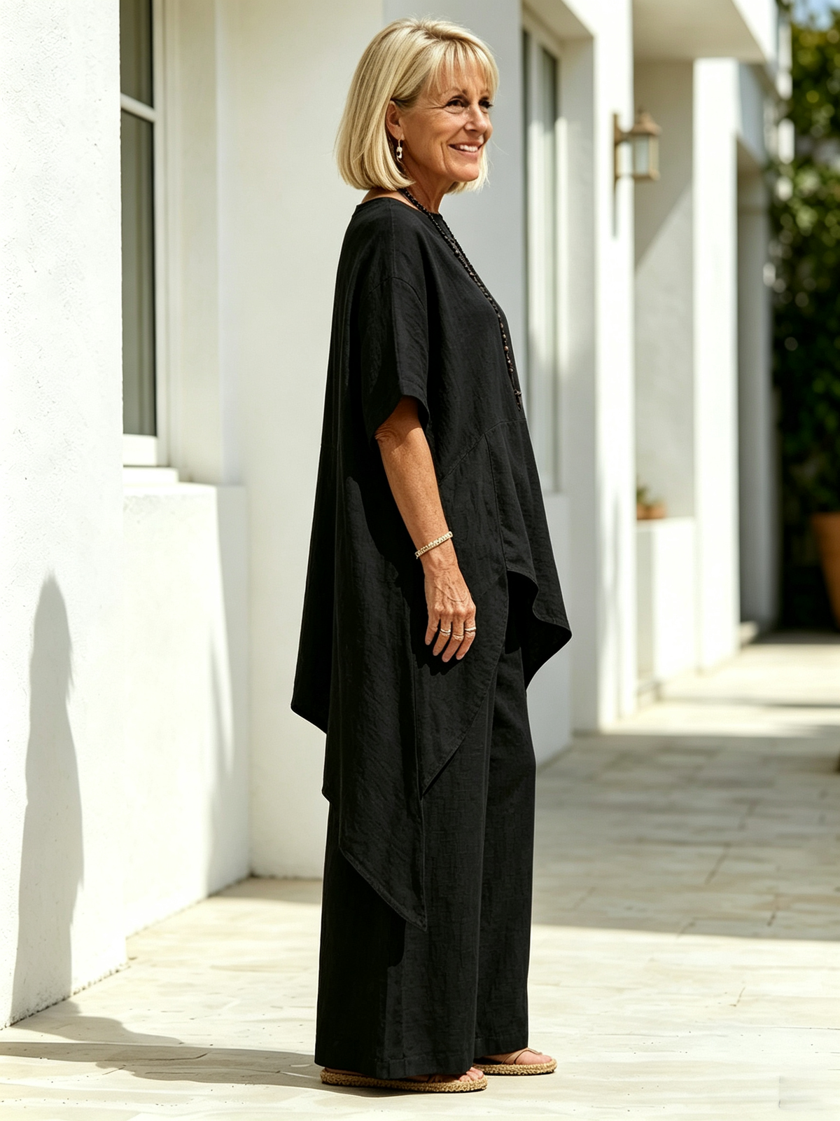 2Pcs Solid Color Cotton Linen Two-piece Outfit, Round Neck Short Sleeve Irregular Hem Tunic Top, Wide Leg Long Pants, Loose Relaxed Fit, Lightweight Breathable Fabric, Flowy Casual Coordinate Set for Daily, Holiday and Outdoor Occasions