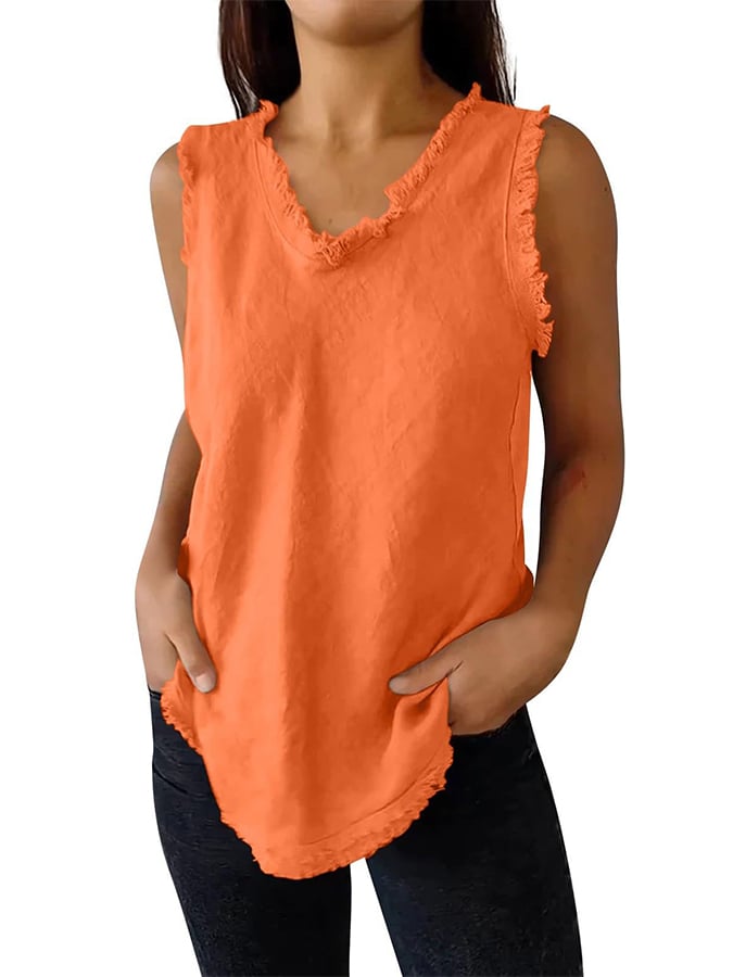 Women'S Sleeveless Tassel Stitching Casual Solid Color Cotton And Linen Vest