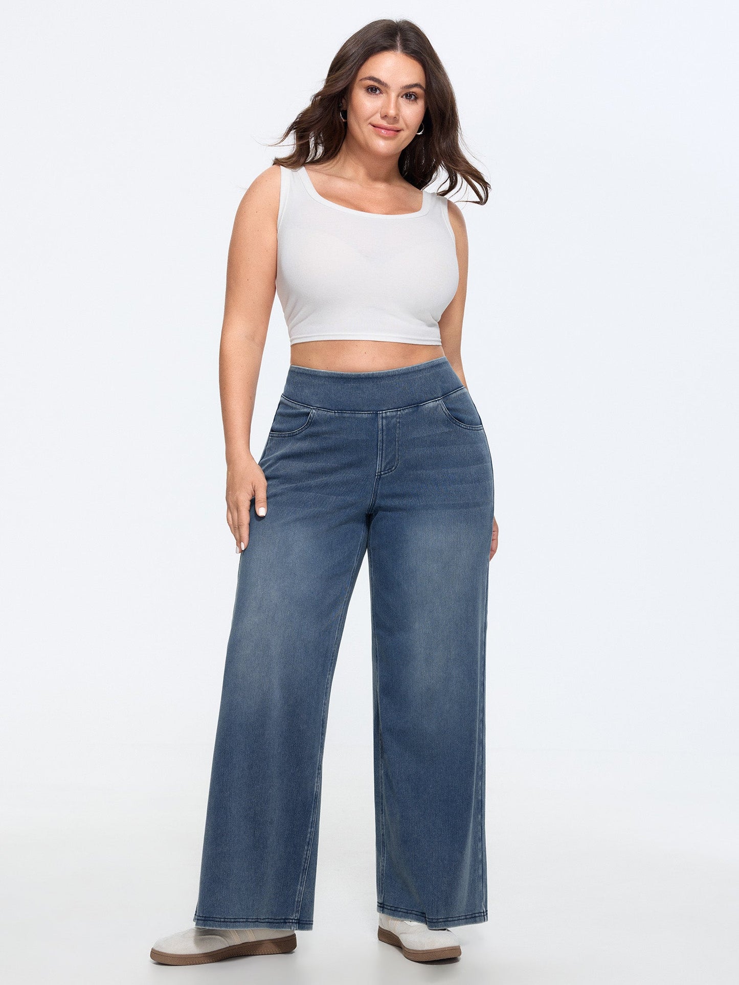 Stretchy Pull-On Wide-Leg Knit Jeans