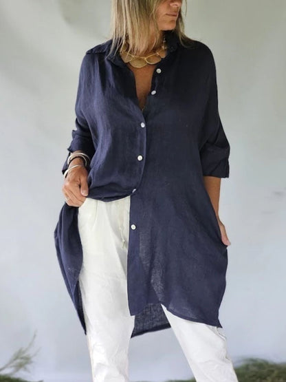 Women's Casual Solid Color Lapel Long Sleeve Button Cotton and Linen Shirt