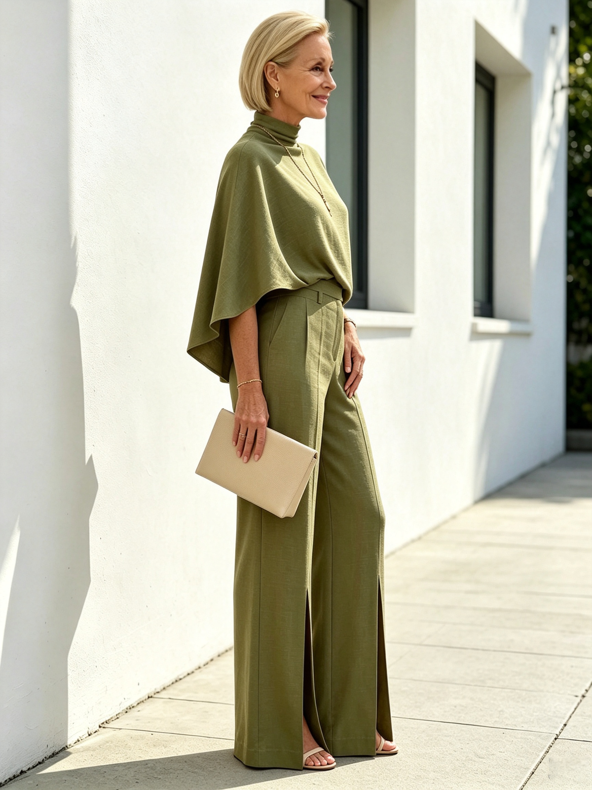 Solid Color 2 Piece Outfit Set, Semi High Mock Neck Cape Sleeve Blouse, High Waist Split Wide Leg Pants, Light Textured Woven Fabric, Relaxed Elegant Silhouette, Flowy Cape Top and Front Slit Trousers for Formal and Semi-formal Occasions