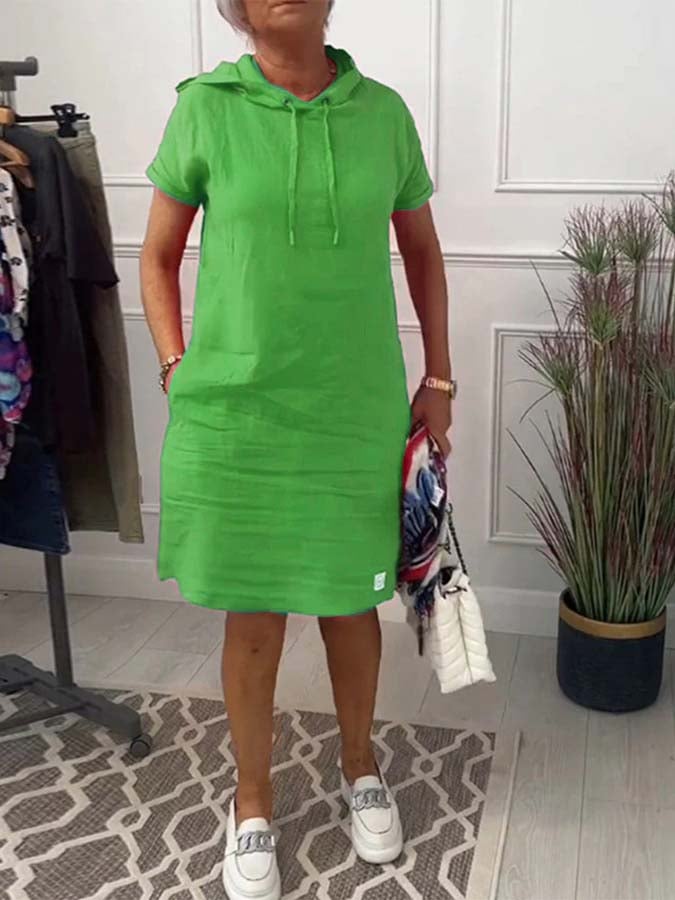 Women's solid color casual hooded cotton and linen dress