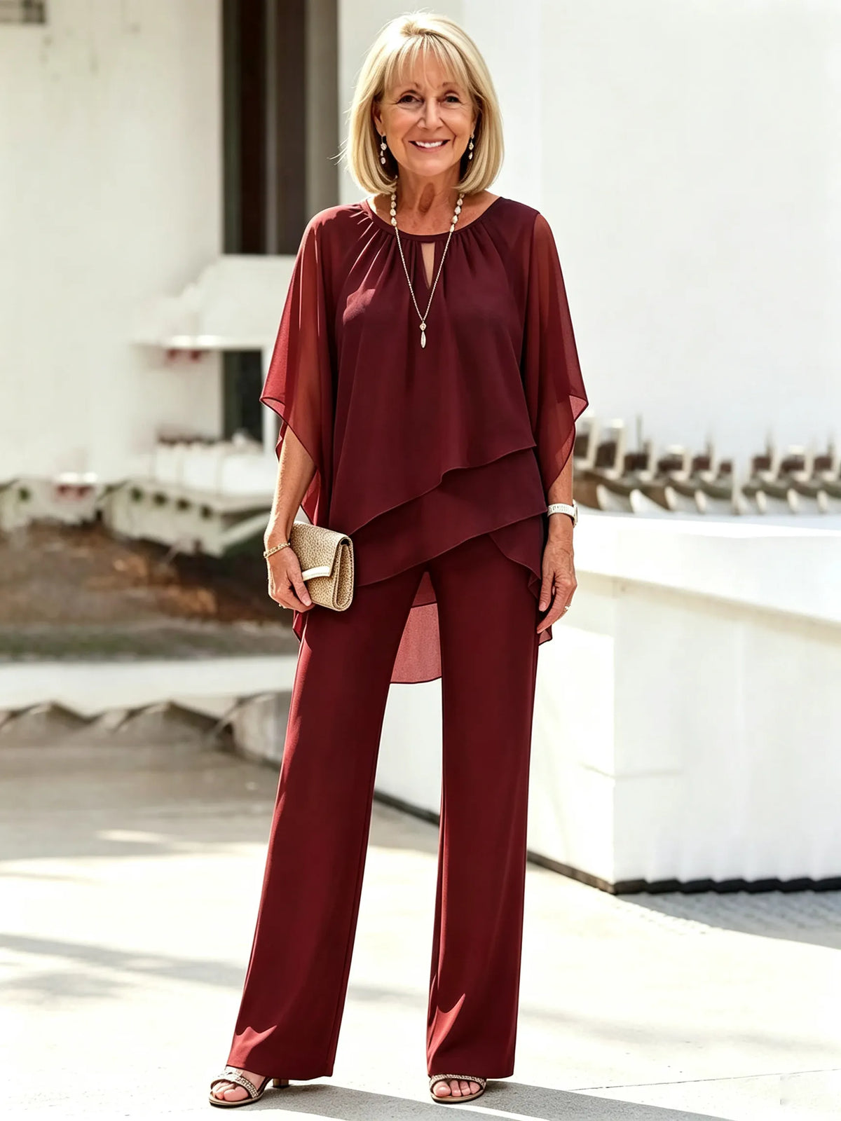 2 Piece Pant Set, Round Neck Keyhole Cutout Chiffon Cape Top, Irregular Layered Hem, Loose Flowy Batwing Sleeves, High Waist Straight Wide Leg Trousers, Lightweight Sheer Fabric, Elegant Outfit Set for Wedding Guest and Formal Occasions
