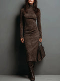 High Neck Long Sleeve Suede Midi Dress